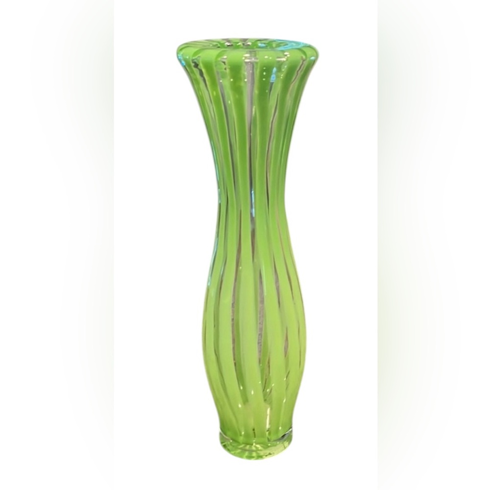 Crate & Barrel Tall Green Stripe Squeeze Handblown Vase 15 1/2" - Picture 1 of 4